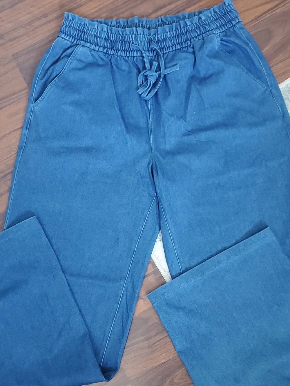 Women's Blue Wide Leg Stretch Jeans with Drawstring Waist